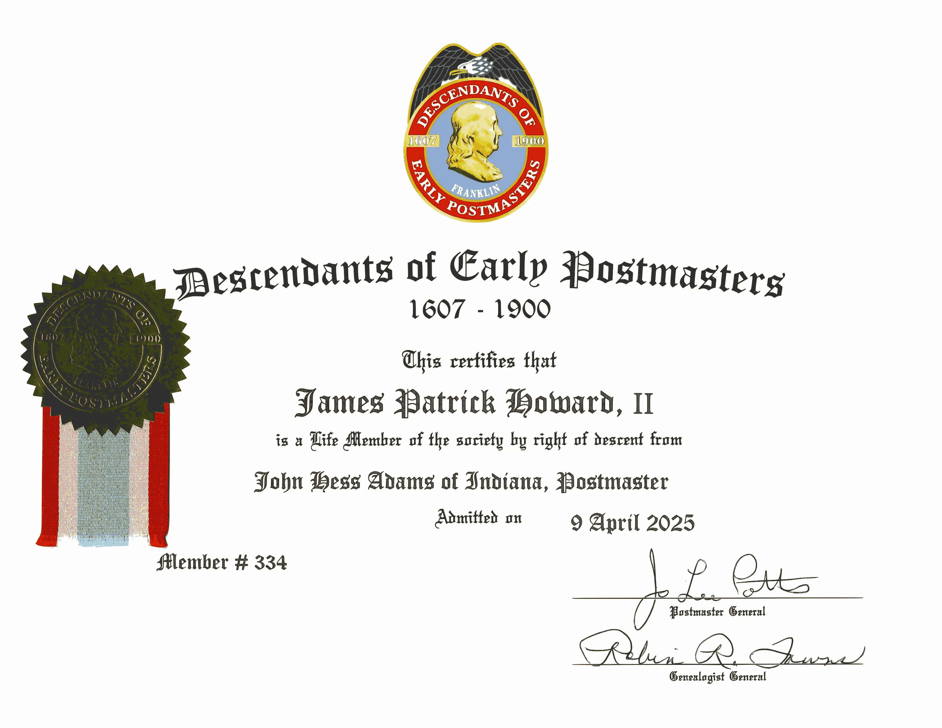 Membership certificate in the Descendants of Early Postmasters