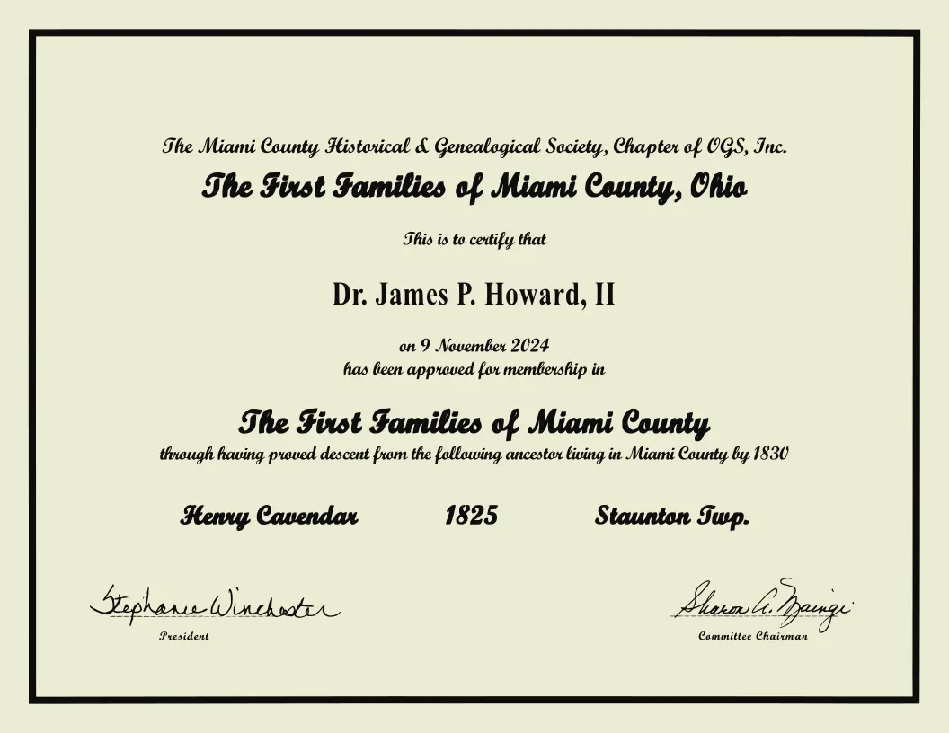 Membership certificate in the First Families of Miami County
