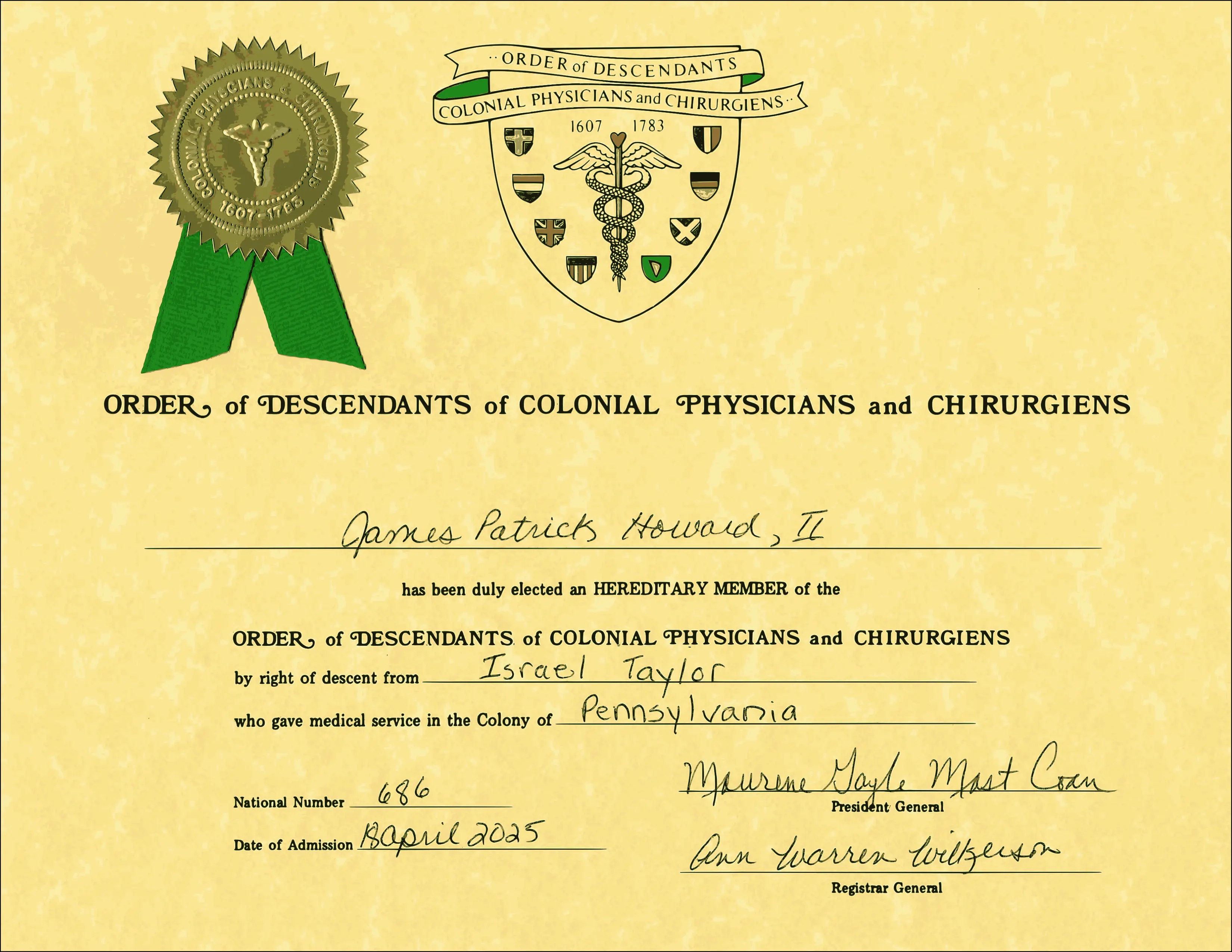 Membership certificate in the Order of Descendants of Colonial Physicians and Chirurgiens