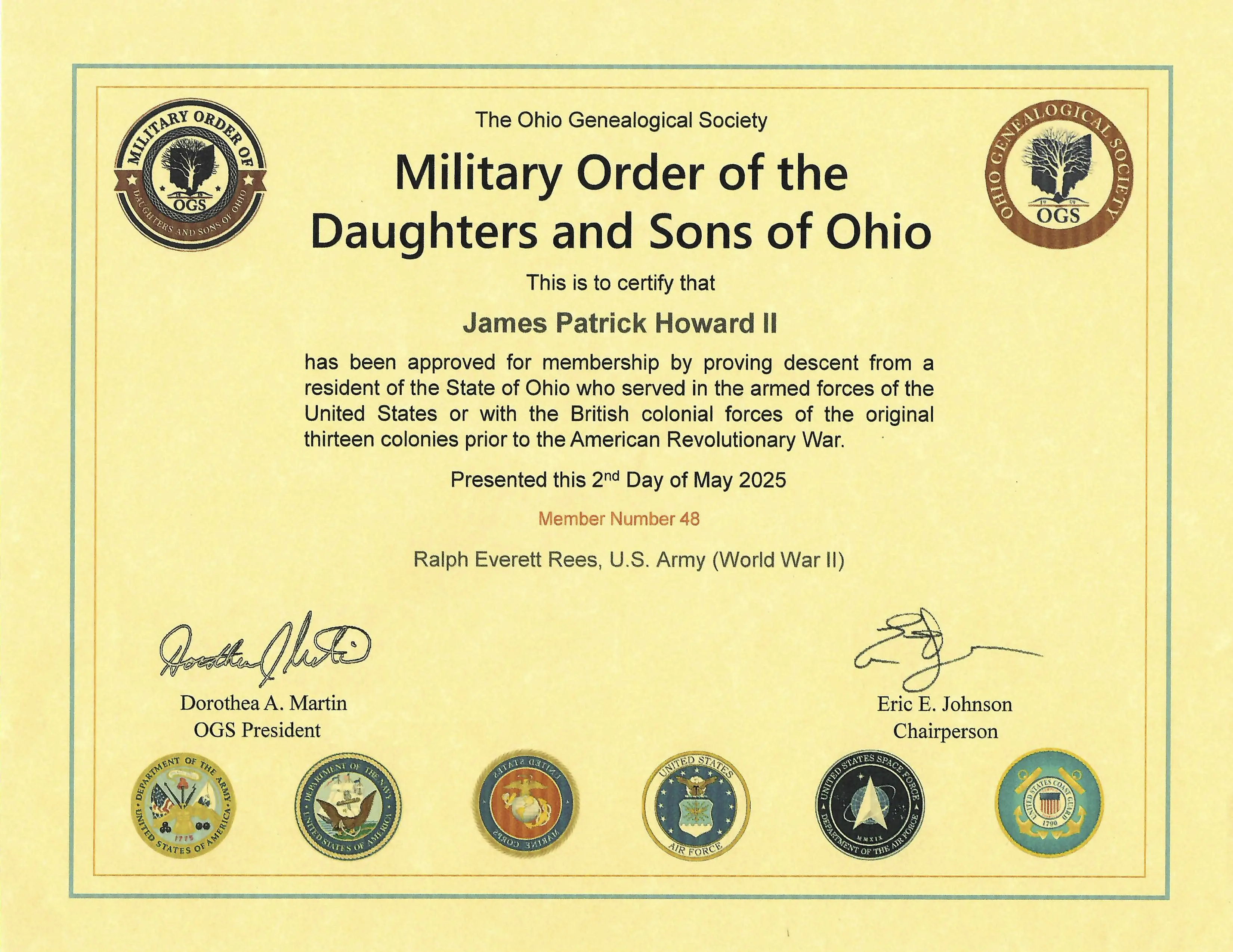 Membership certificate in the Military Order of the Daughters and Sons of Ohio