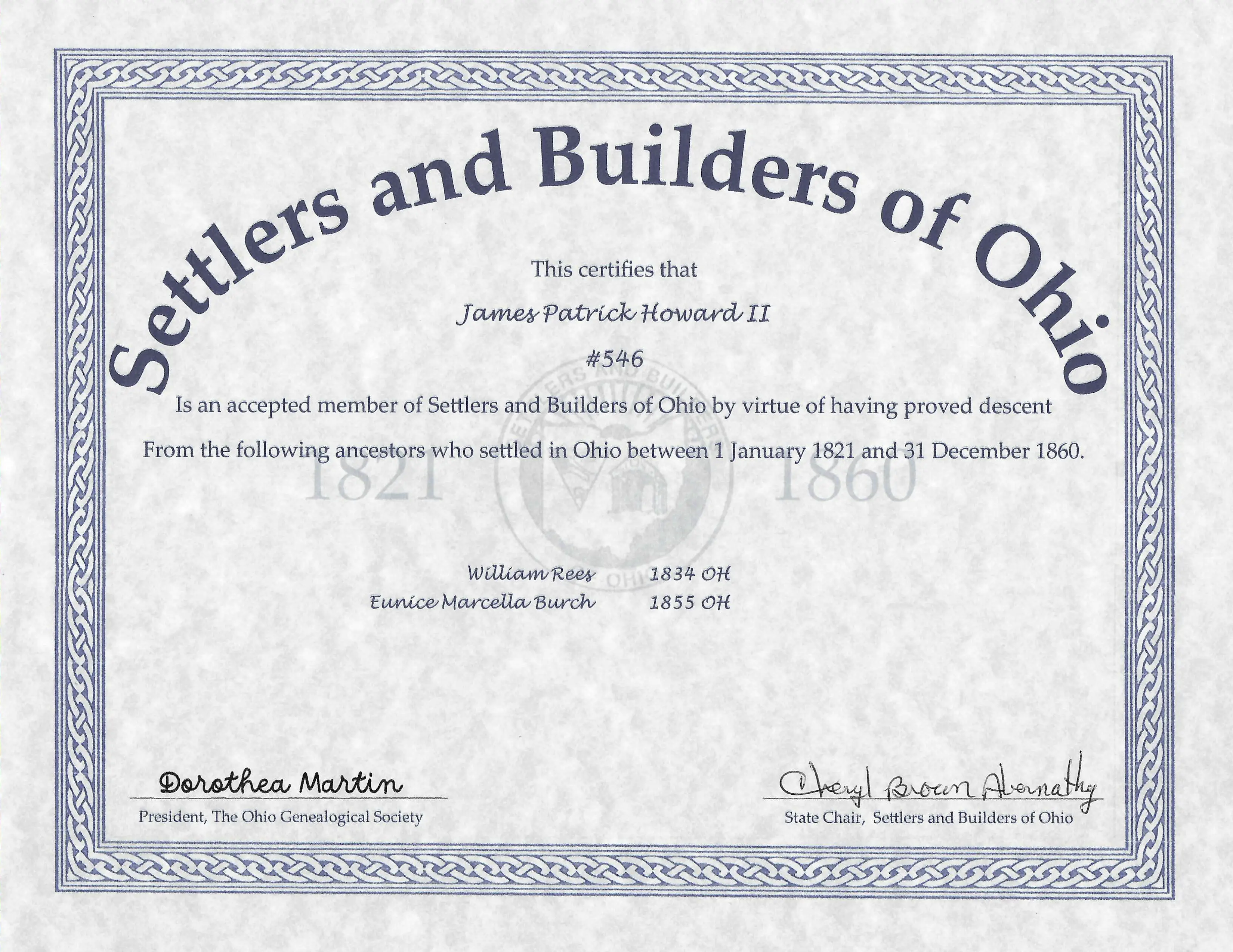 Membership certificate in the Settlers and Builders of Ohio