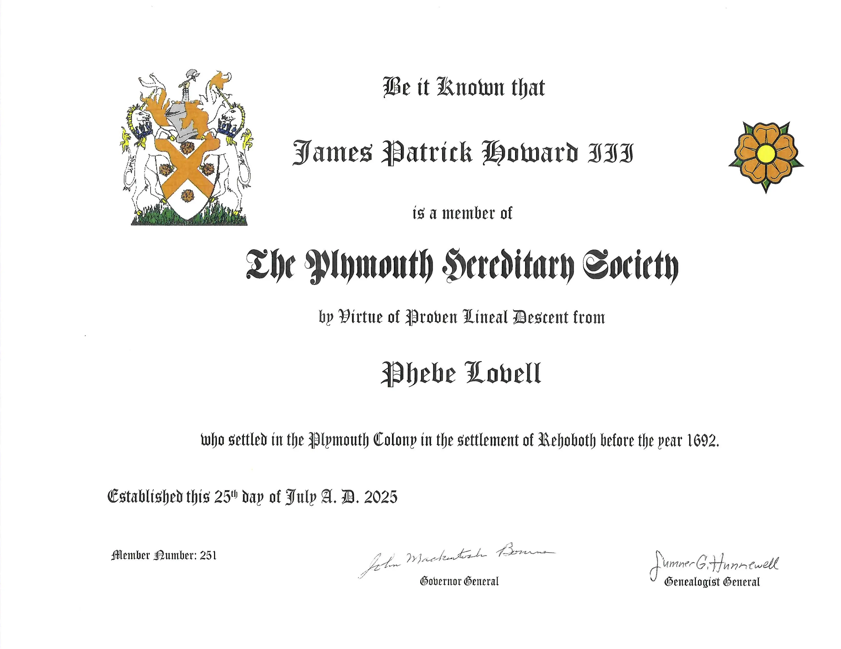 Membership certificate in the Plymouth Hereditary Society