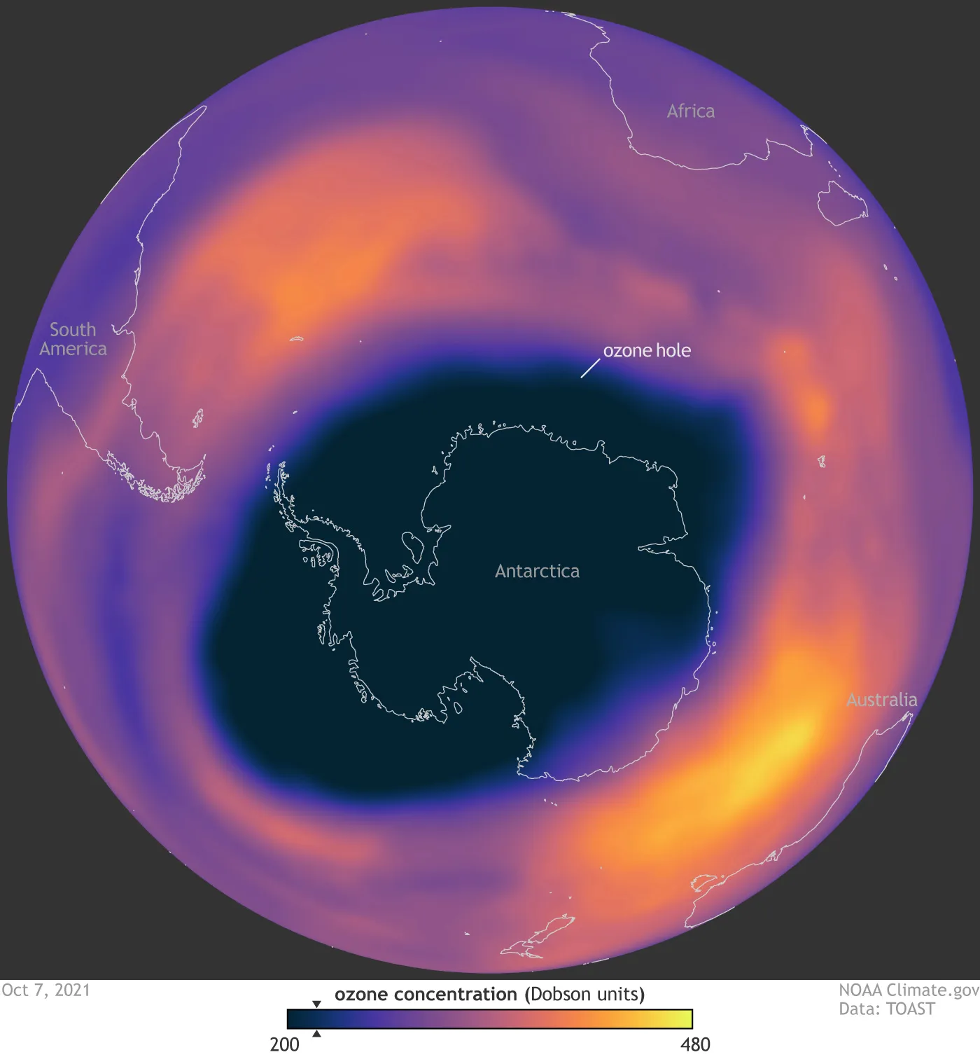 Southern Hemisphere ozone levels (October 7, 2021), via NOAA